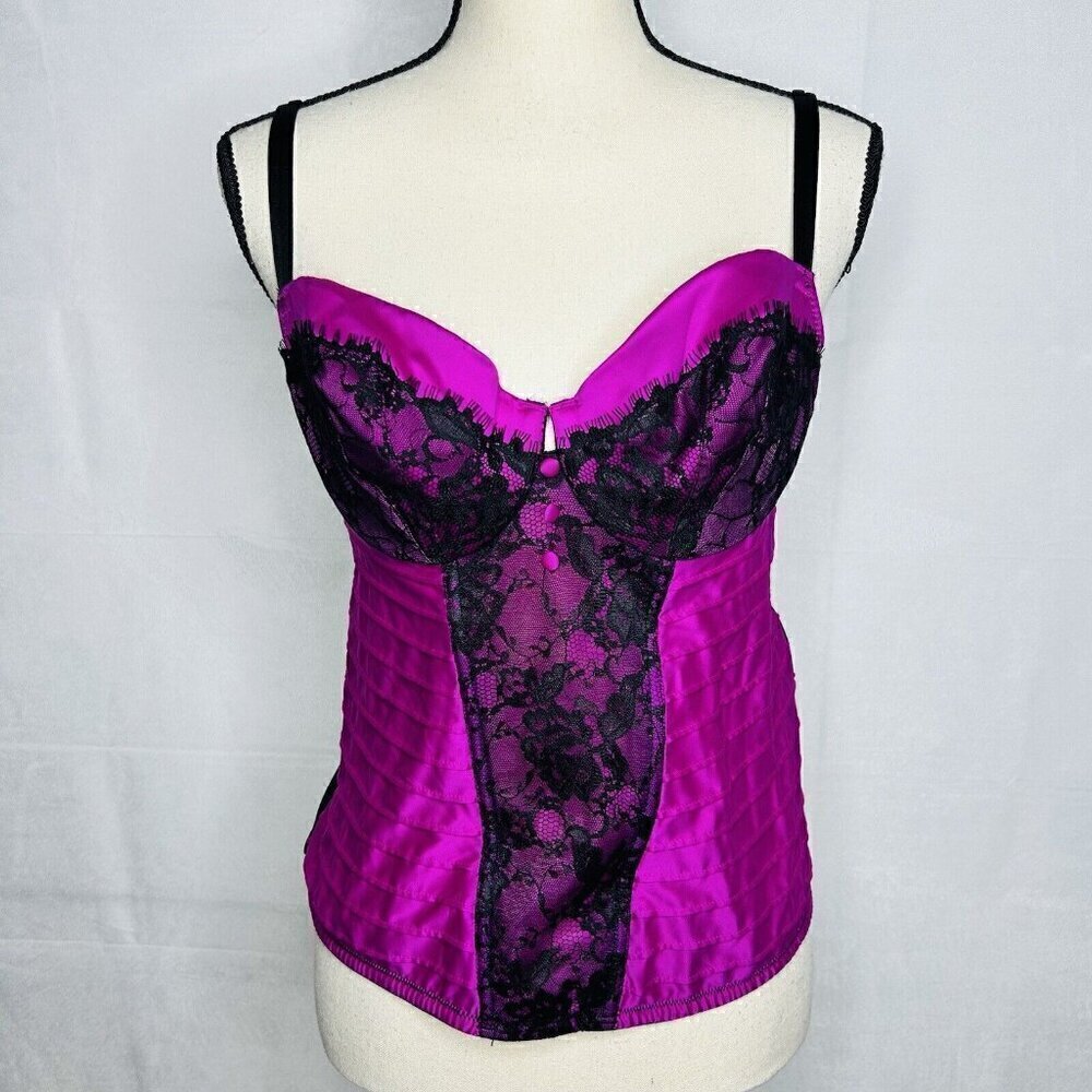 Cacique Corset Bra Top Tank Womens Plus 14/16 Pink Satin Black Lace Mesh Backing